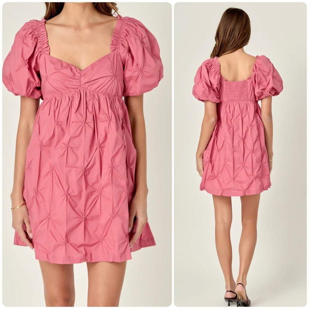 English Factory Womens Pink Textured Smocked Puff Sleeve Babydoll Mini Dress L
